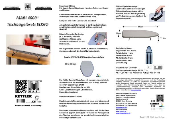 Mabi® 4000 – Tischbügelbrett ELISIO 82x32 inkl. Silikonablage